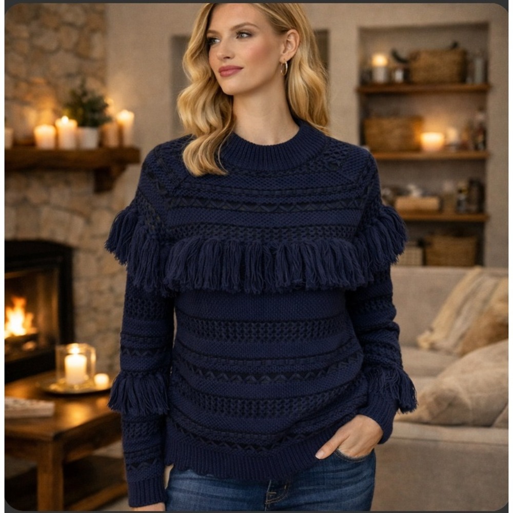 Jonathan Simkhai Fringe Knit Sweater Women Small Navy‎ Blue Scalloped Hem Wool